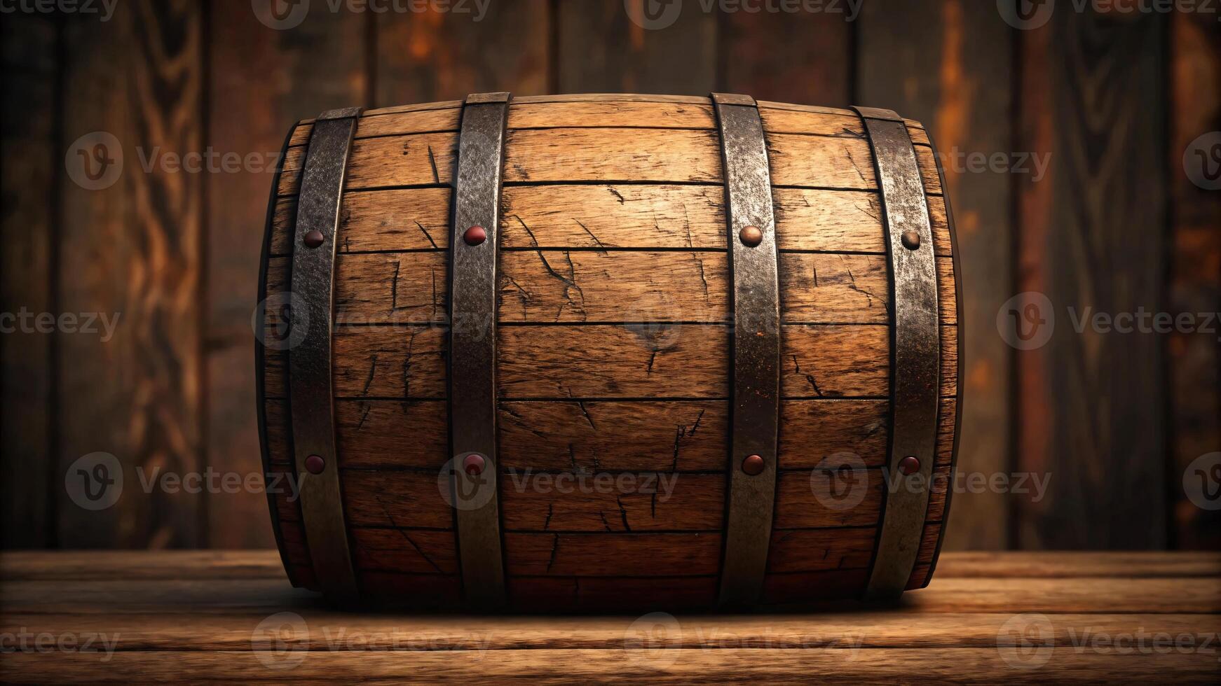 A weathered wooden barrel with metal bands vintage style 3d render. photo