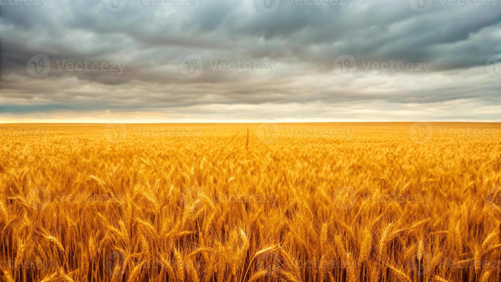 Golden wheat field under a dramatic cloudy sky. photo