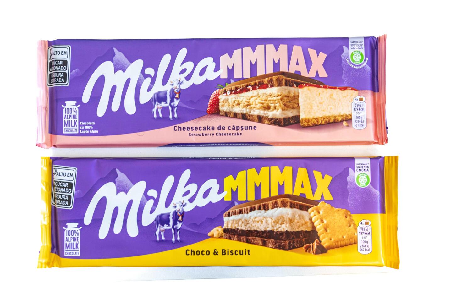 Brazil, May 3, 2025. Milka Mmmax Swiss Chocolate, isolated on a plain background and in top view photo