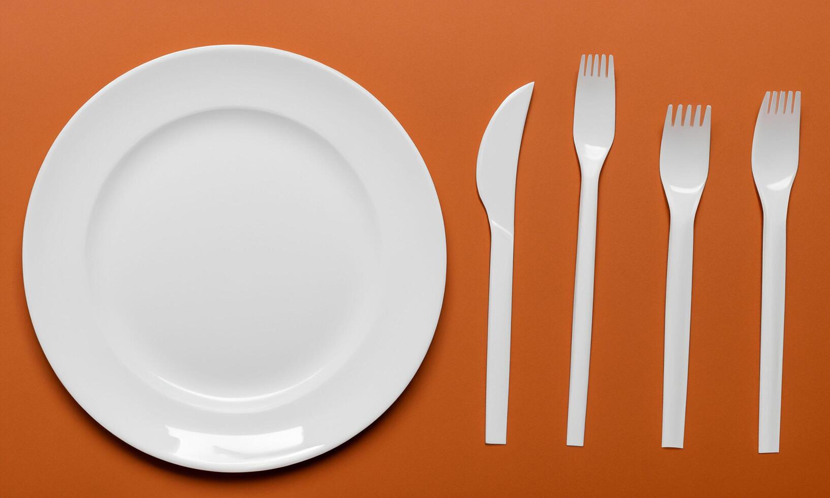 Plate and cutlery isolated on plain background in top view photo