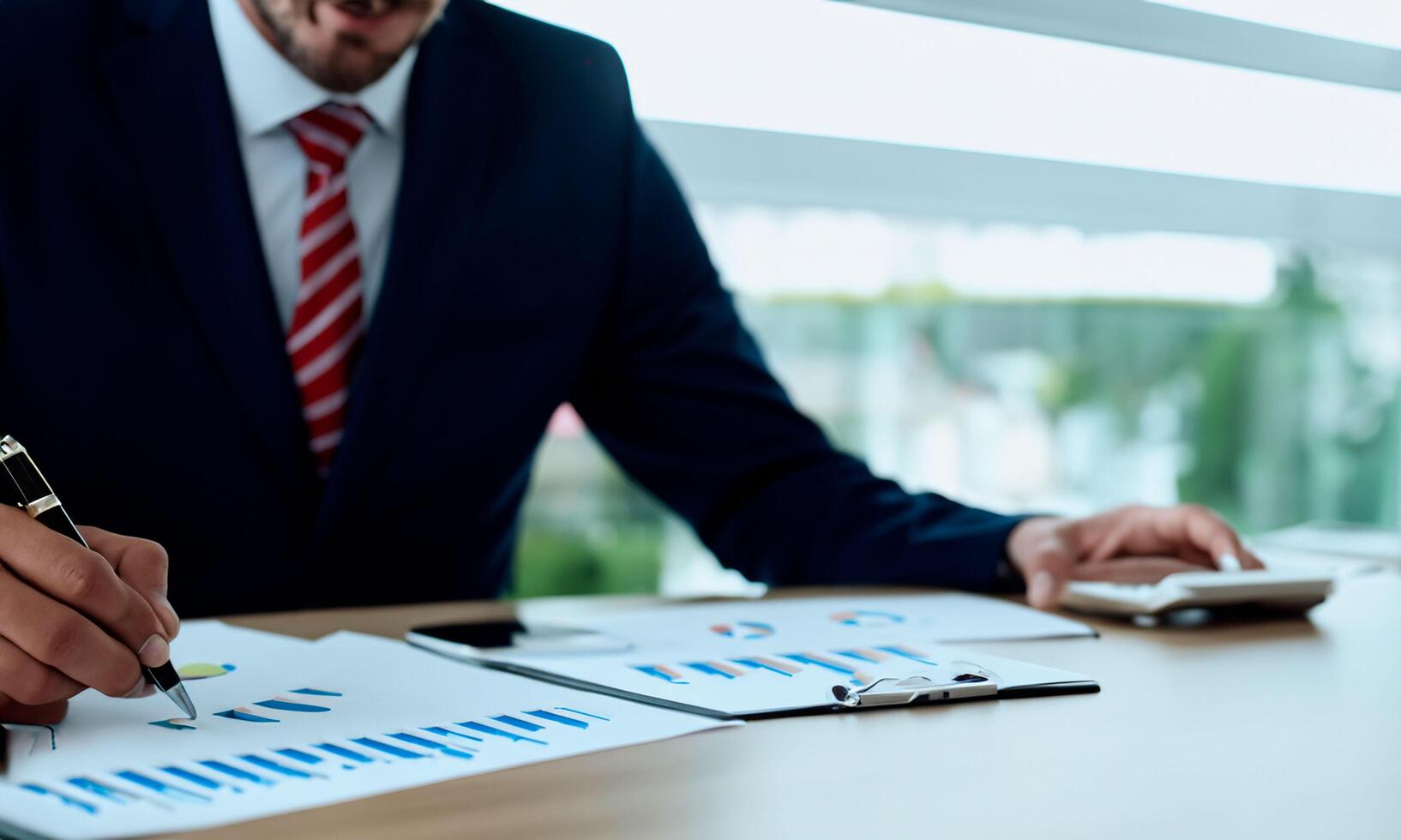 Executive businessman in suit and thank you signing document on clean and organized table top photo
