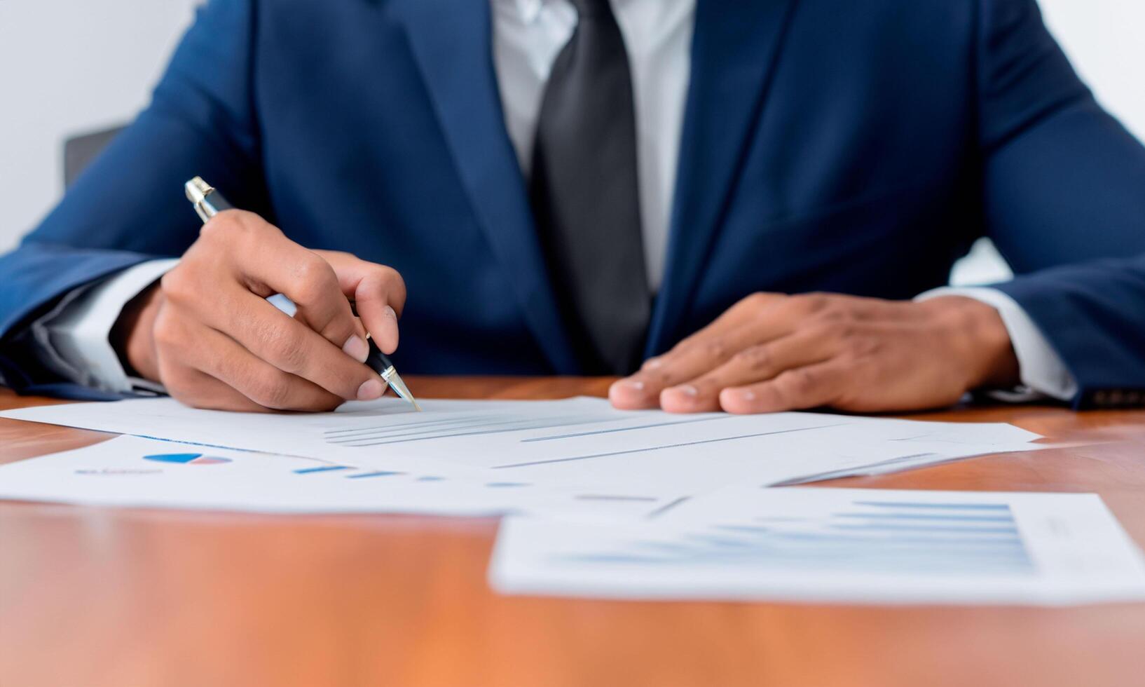 Executive businessman in suit and thank you signing document on clean and organized table close photo
