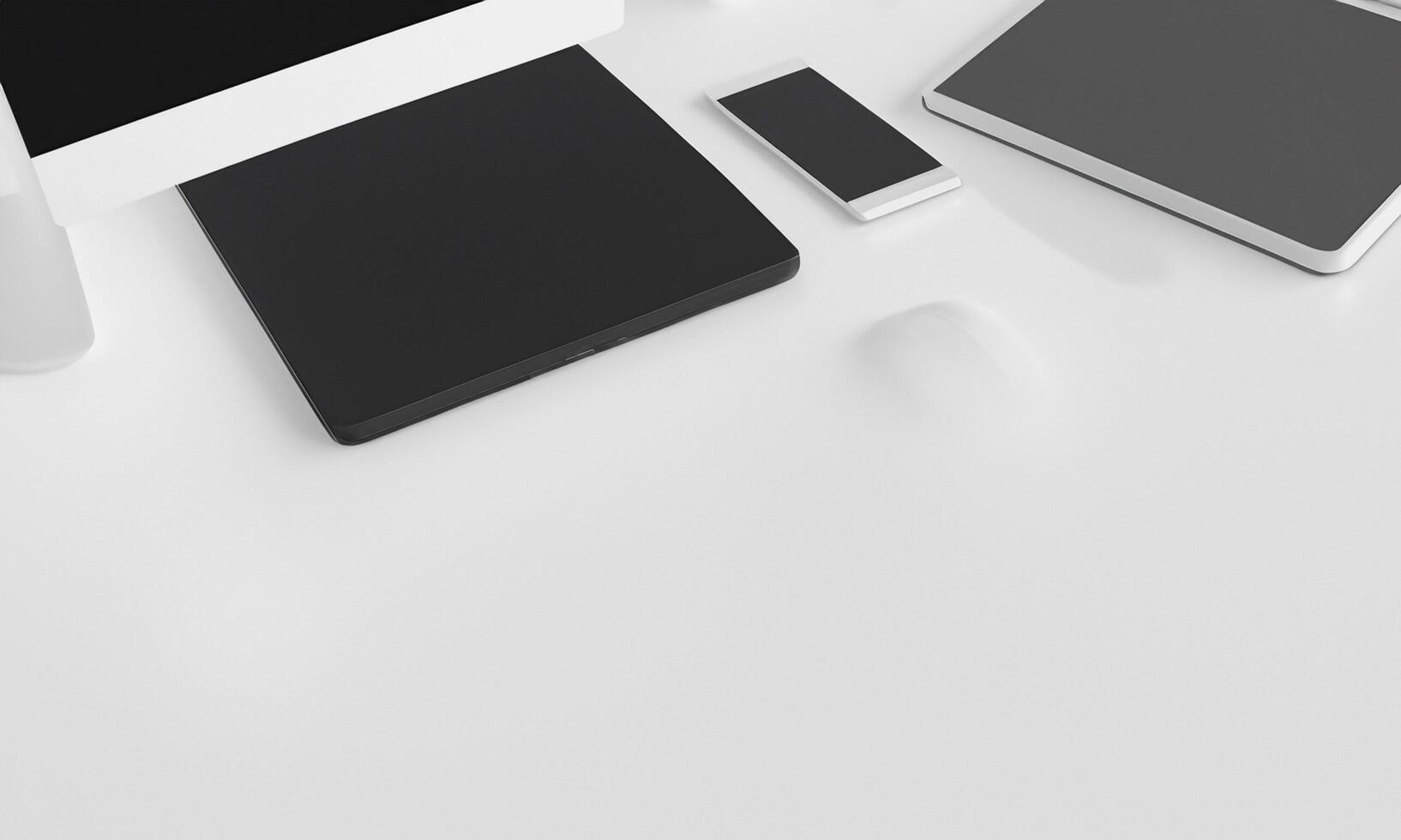 Clean and organized office desk in top view with space for text photo