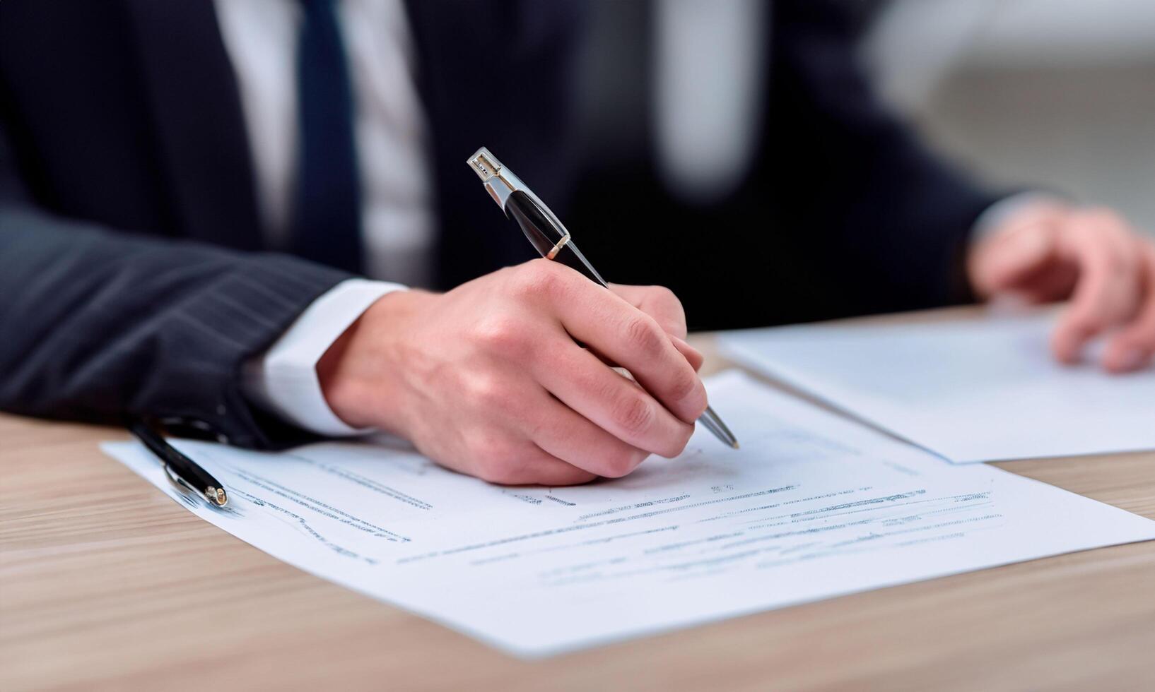 Executive businessman in suit and thank you signing document on clean and organized table space for text photo