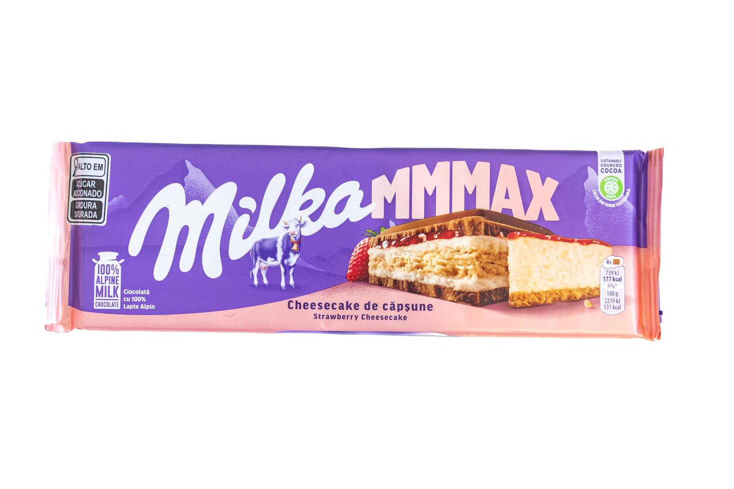 Brazil, May 3, 2025. Milka Mmmax Swiss Chocolate, isolated on a plain background and in top view white photo