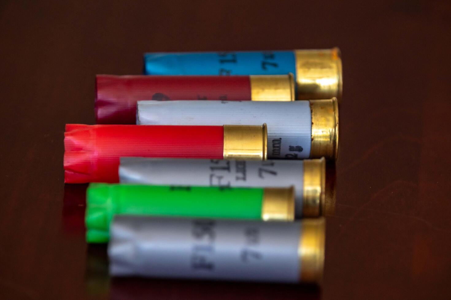 Brazil, May 10, 2025. 12 gauge shotgun shells of various types and colors perfect photo