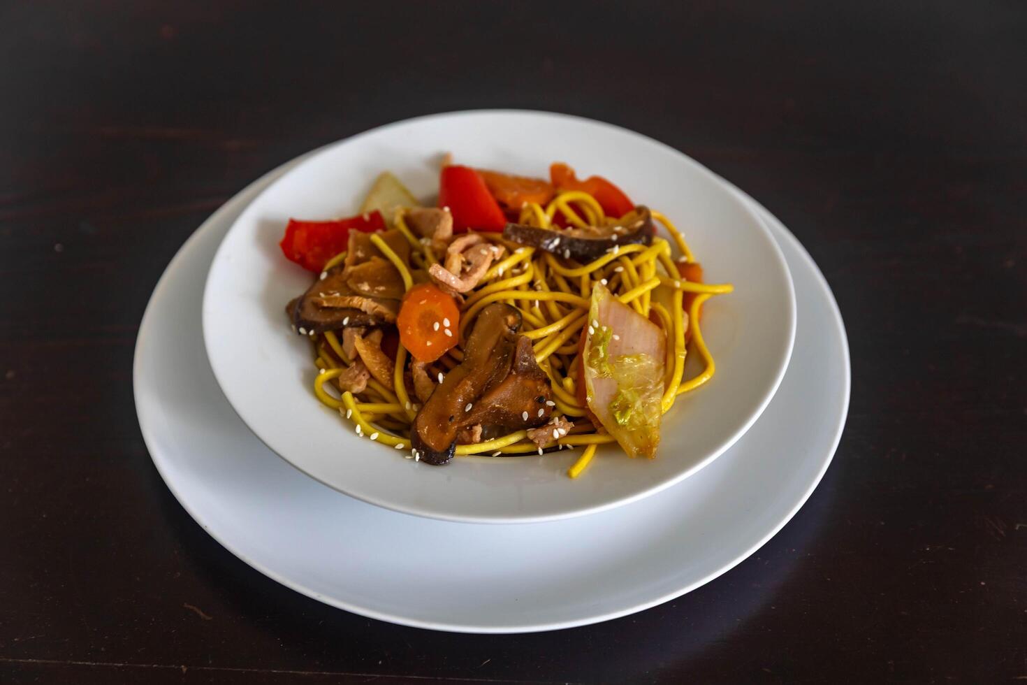 The most traditional yakissoba prepared with vegetables, noodles, pork and oriental spices. health photo