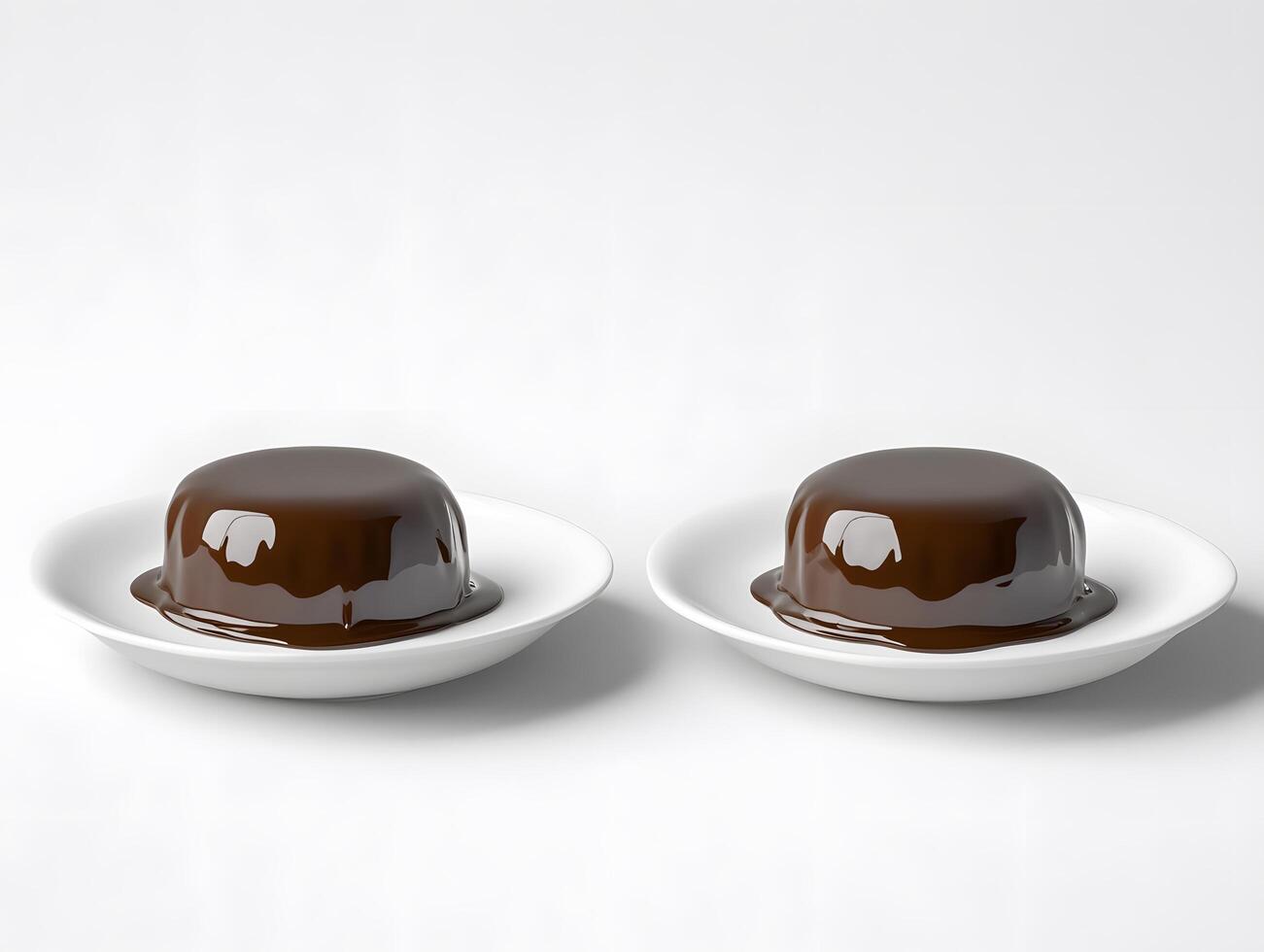 Two chocolate pudding cups on white plates photo