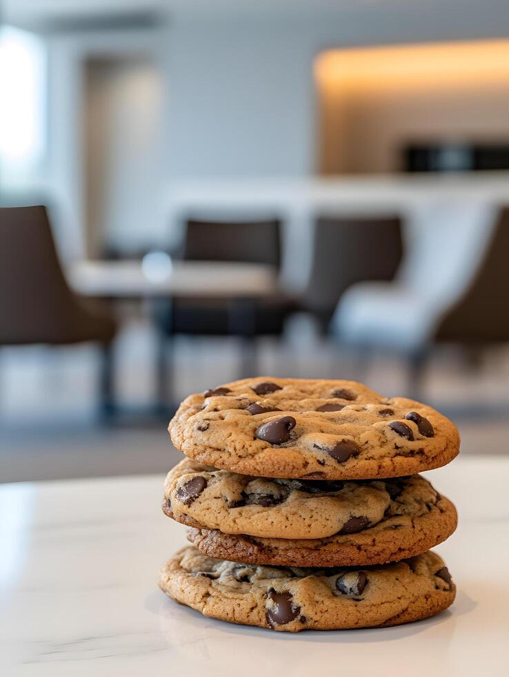A stack of chocolate chip cookies on a white counter photo
