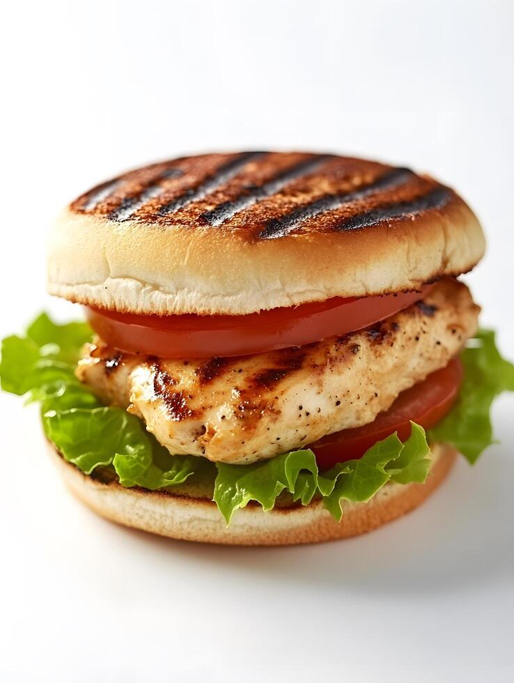 A grilled chicken sandwich with lettuce and tomato photo
