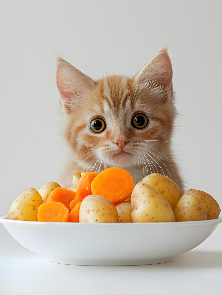 A white plate with a cat and carrots photo