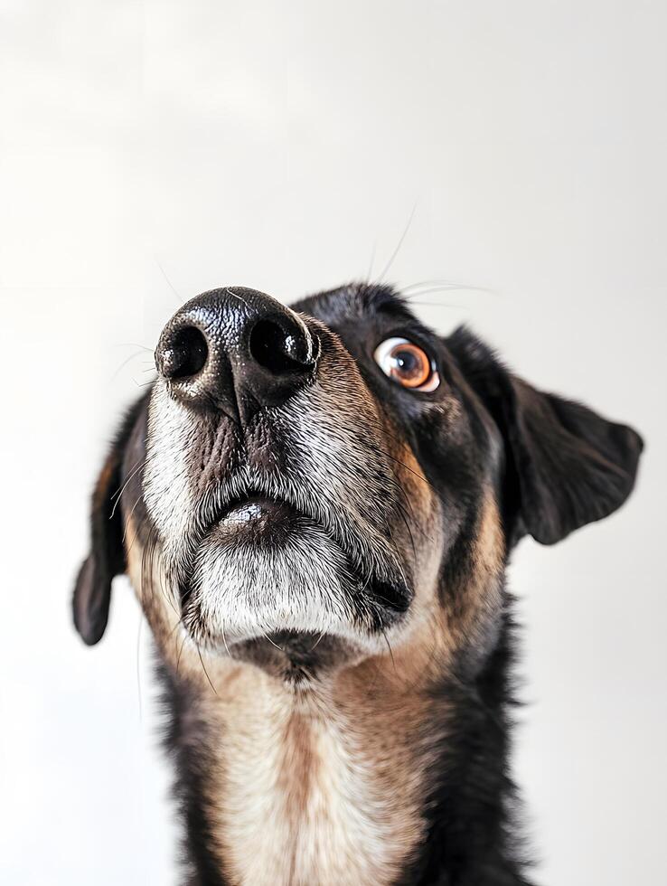 A dog looking up at the camera photo