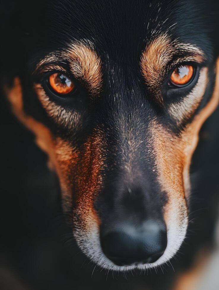 A close up of a dog's face with orange eyes photo