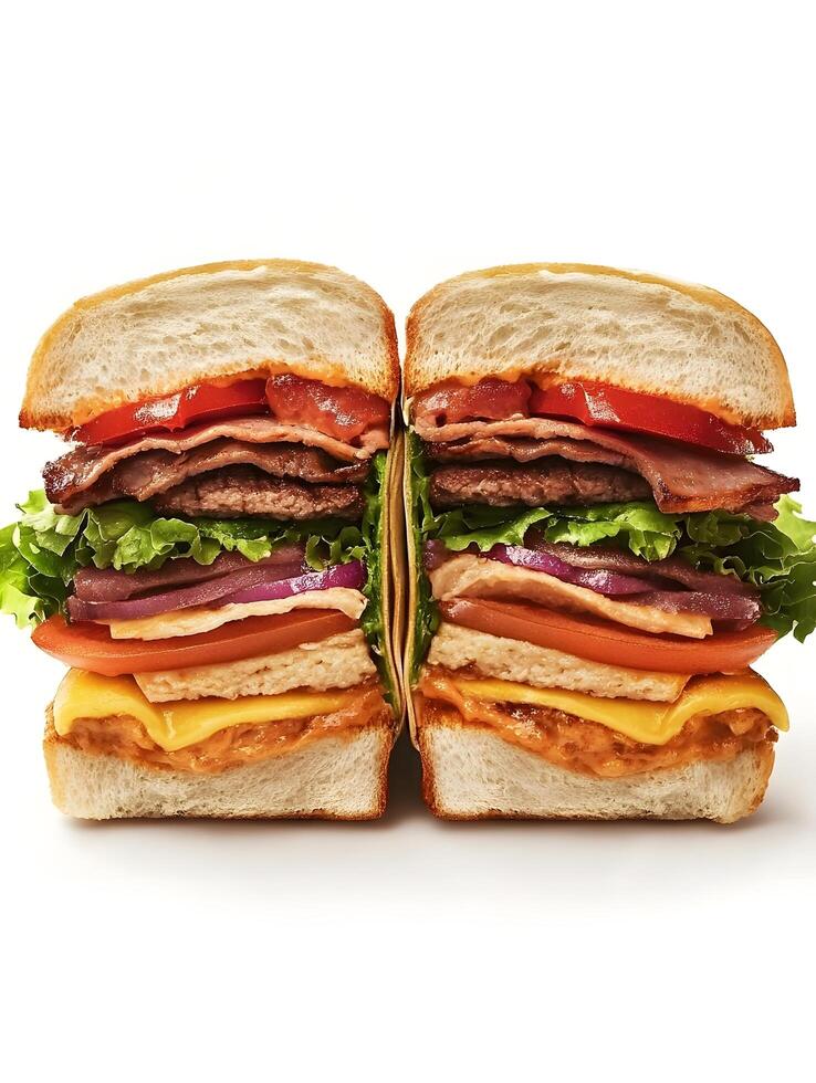 A sandwich cut in half with meat, cheese and vegetables photo