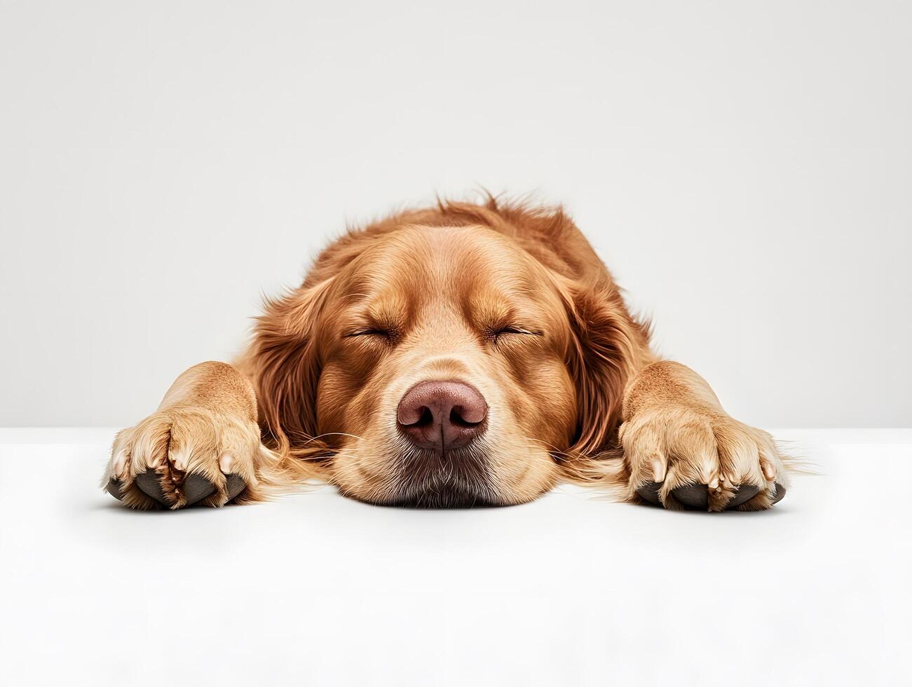 A golden retriever is sleeping on a white surface photo