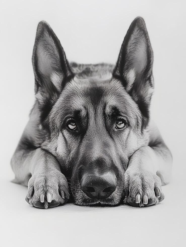 A black and white photo of a german shepherd laying down