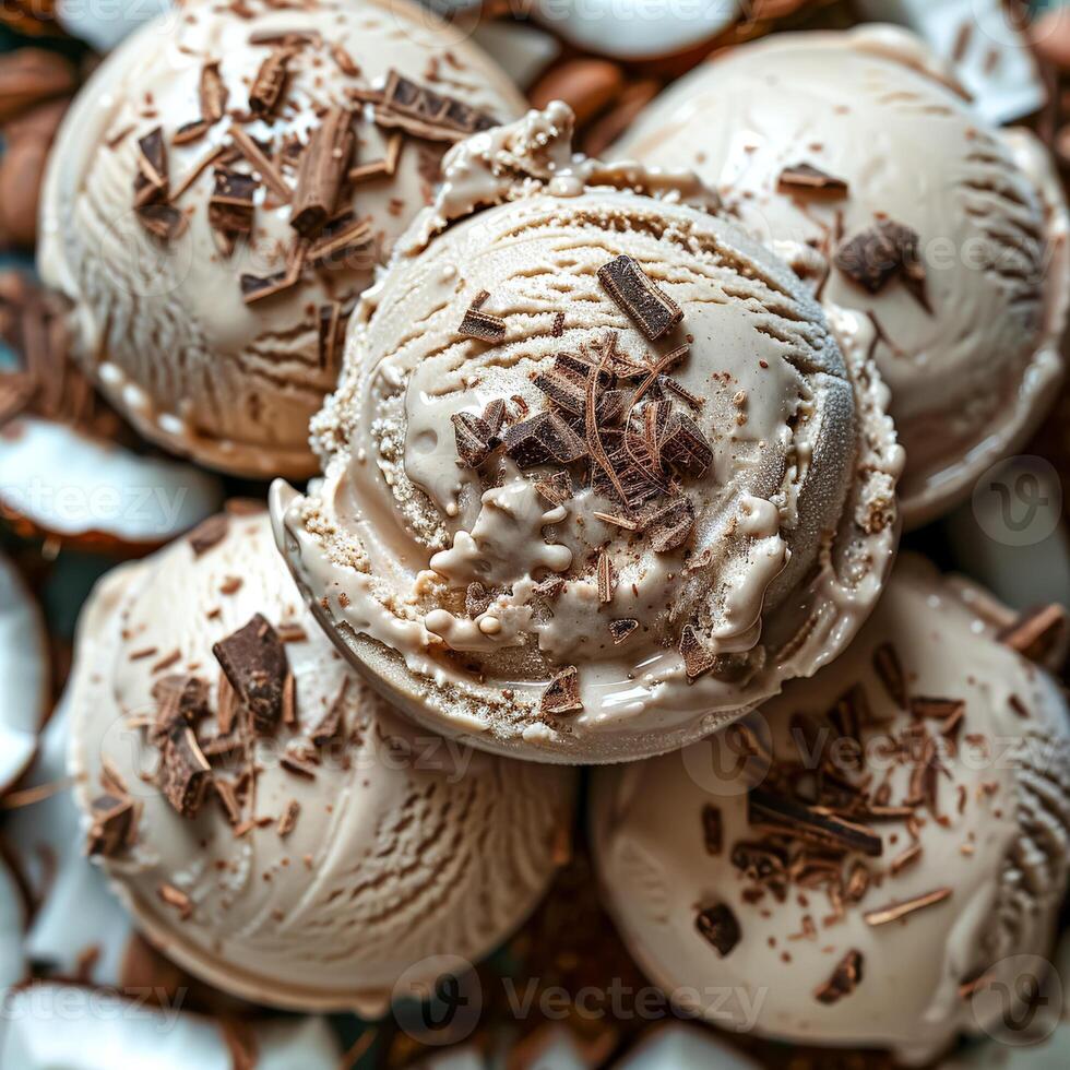 Chocolate ice cream with whipped cream and chocolate shavings photo