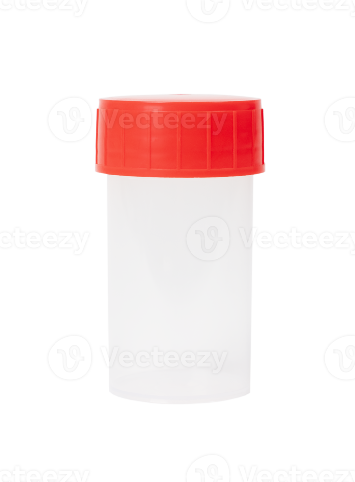 small clear plastic container with red ribbed lid isolated on transparent background ideal for collecting samples in sterile conditions, png