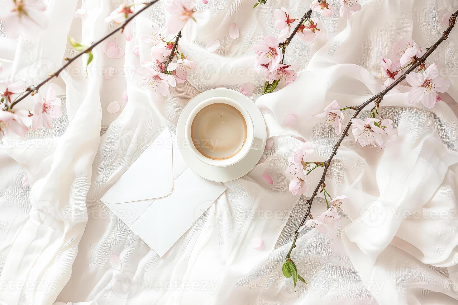 White cup with a coffee in it sits on a table with a white sheet photo