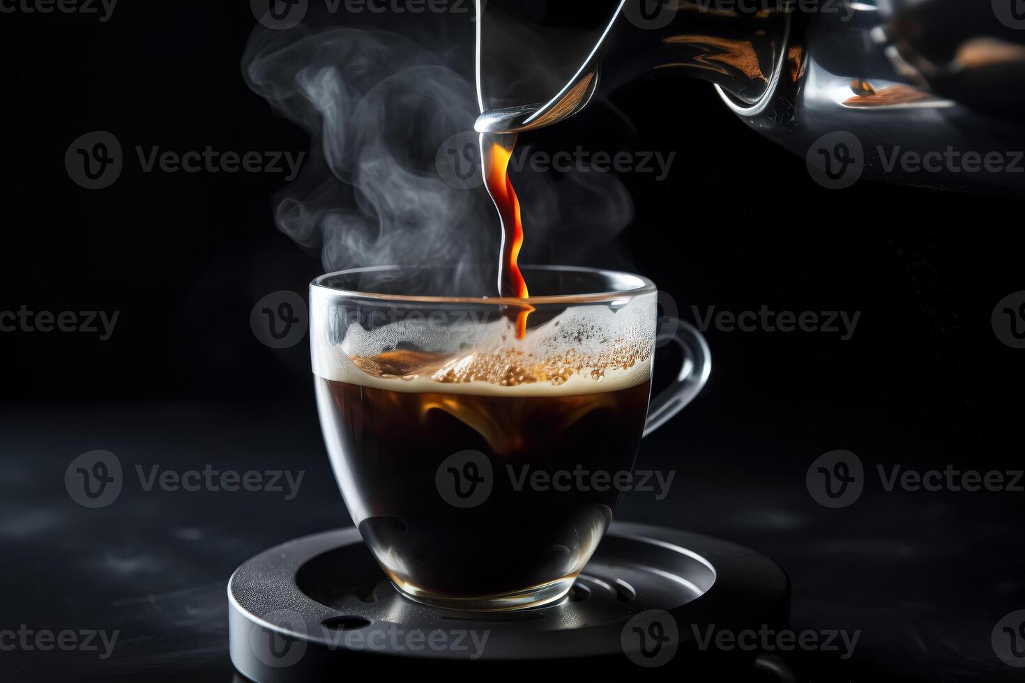 Steaming espresso being poured into a cup from a coffee machine photo