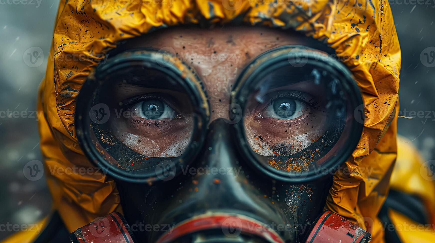Woman in a yellow suit with goggles on her face photo