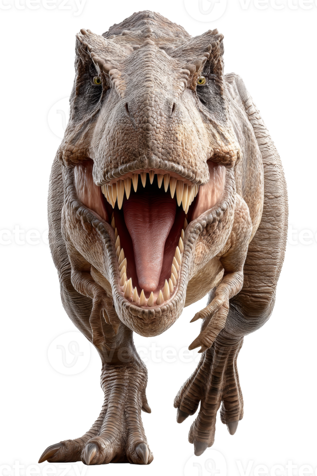 Fierce Tyrannosaurus rex charges with primal intensity, showcasing powerful muscles and sharp teeth in striking realism png