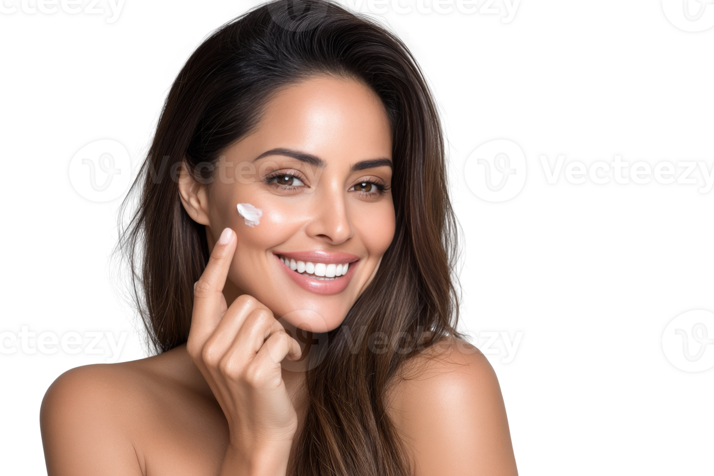 Smiling Hispanic woman showcases skincare routine with cream application against transparent backdrop in professional studio setting png
