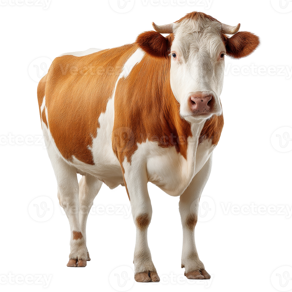 Simmental cow standing gracefully, showcasing its striking color patterns png