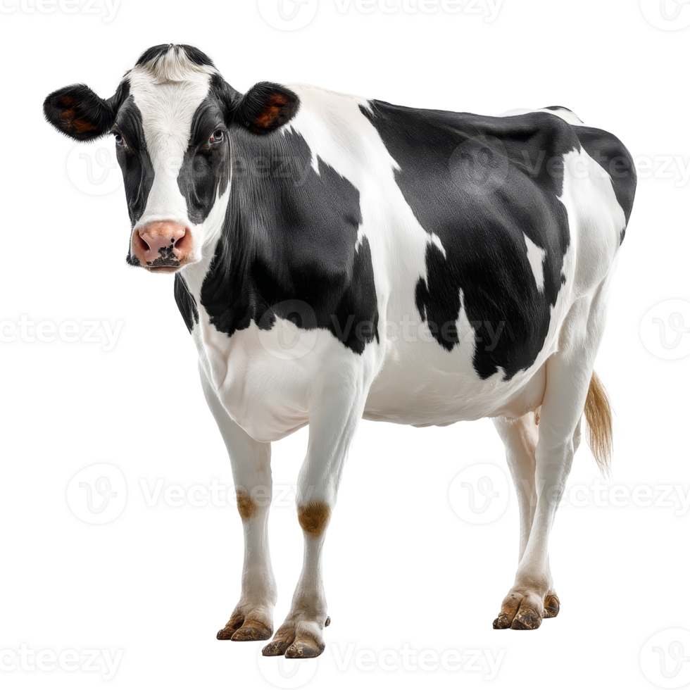 Holstein cow stands gracefully on transparent backdrop, showcasing her vibrant black and white pattern in full detail png