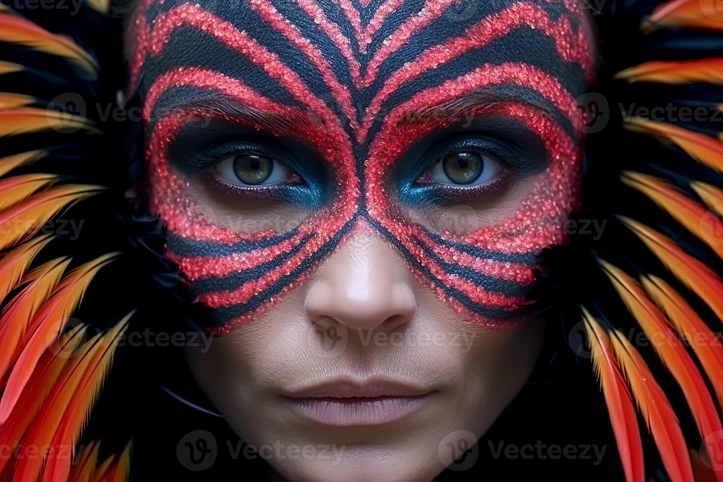 A woman wearing a colorful mask with feathers on her face photo
