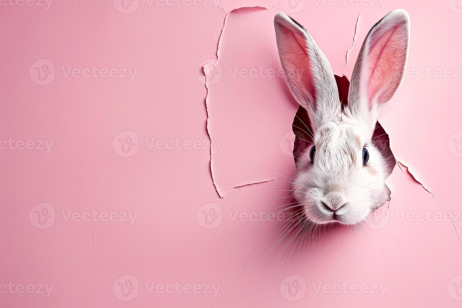 Rabbit is peeking out of a hole in a pink background photo