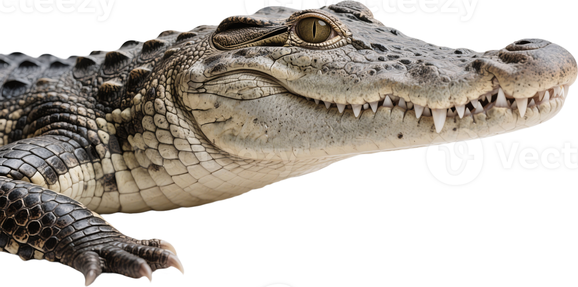 Close up of an alligator face showing textured skin sharp eyes and a still expression png