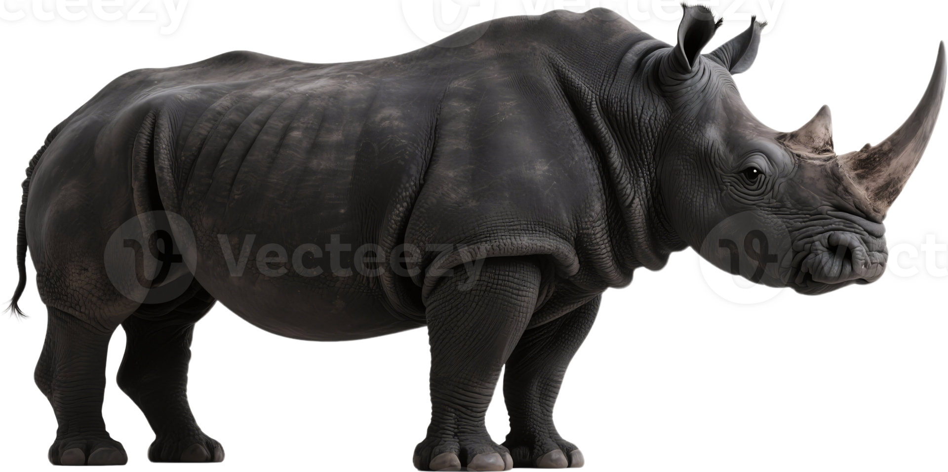A massive rhinoceros stands in full side view showing its thick skin large horn and powerful build png