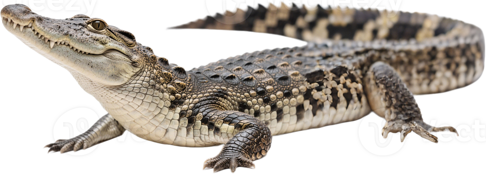 Full body view of a wild alligator resting on the ground showing scales and full tail length png