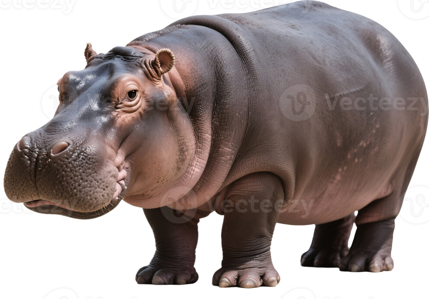 Hippopotamus standing calmly and looking at the camera with soft round eyes in a sweet way png