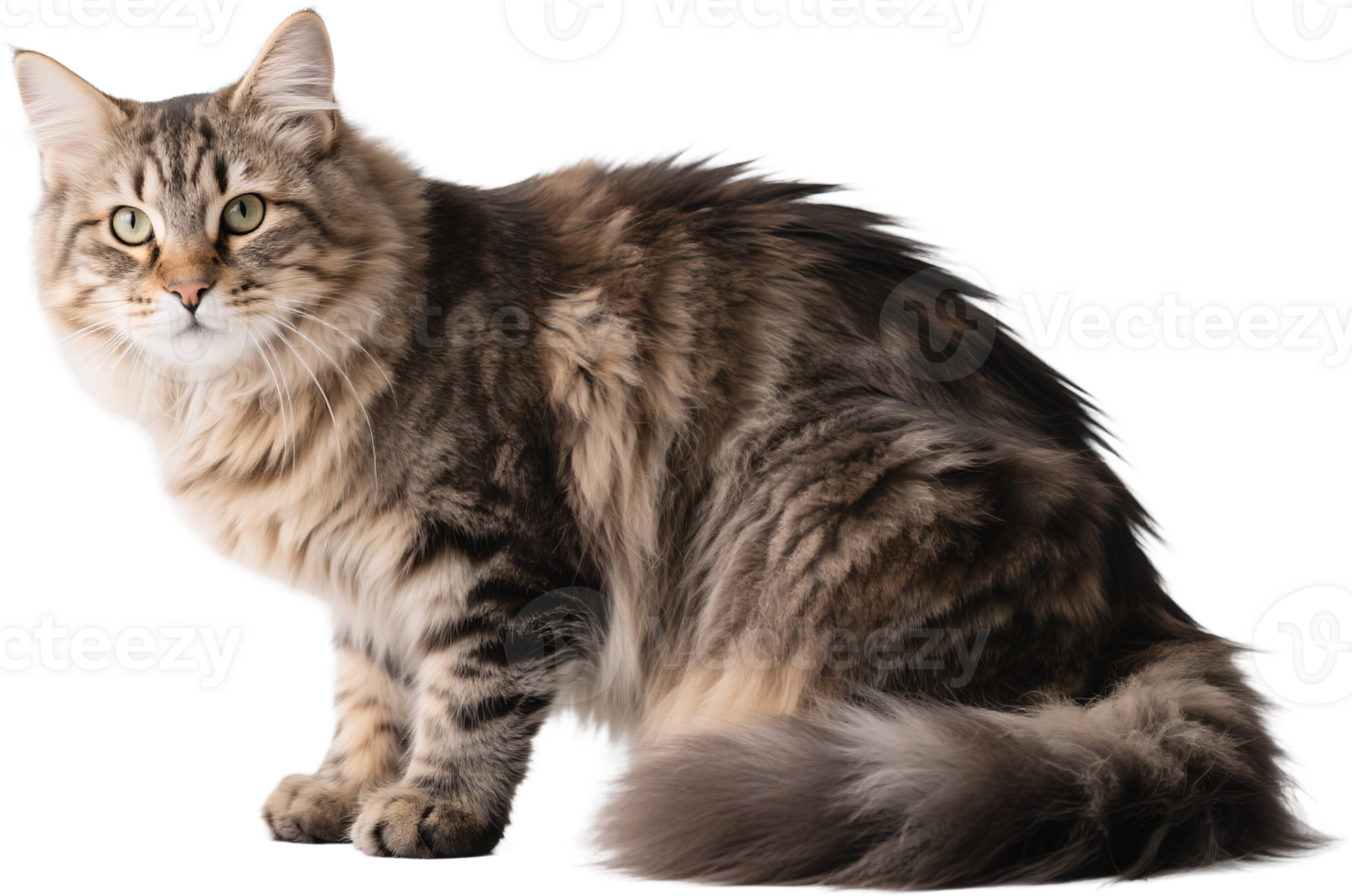 A Siberian cat with its thick tail curled in front while resting with soft gaze png