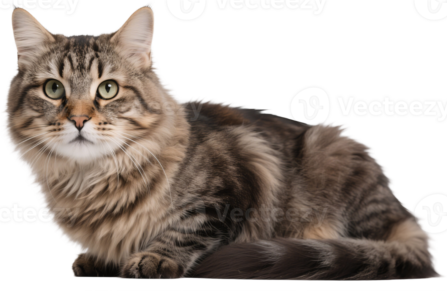 A Siberian cat lies loafing with thick fur and calm expression on a soft surface png