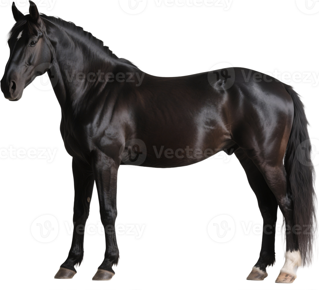 A regal friesian horse in side view shows off its long mane and powerful build in motion png