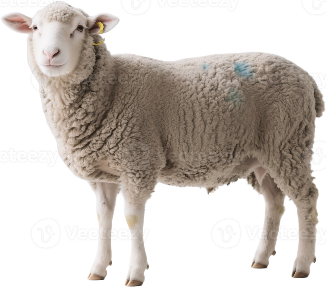 A sheep in side view with fluffy white wool standing peacefully in a field with calm posture png