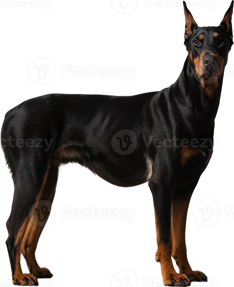 A focused Dobermann seen from the side with ears perked and a serious expression no tail visible png