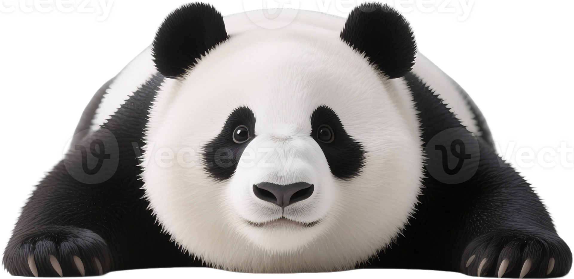 Cute tired panda sitting on its belly with front view looking sleepy and relaxed png