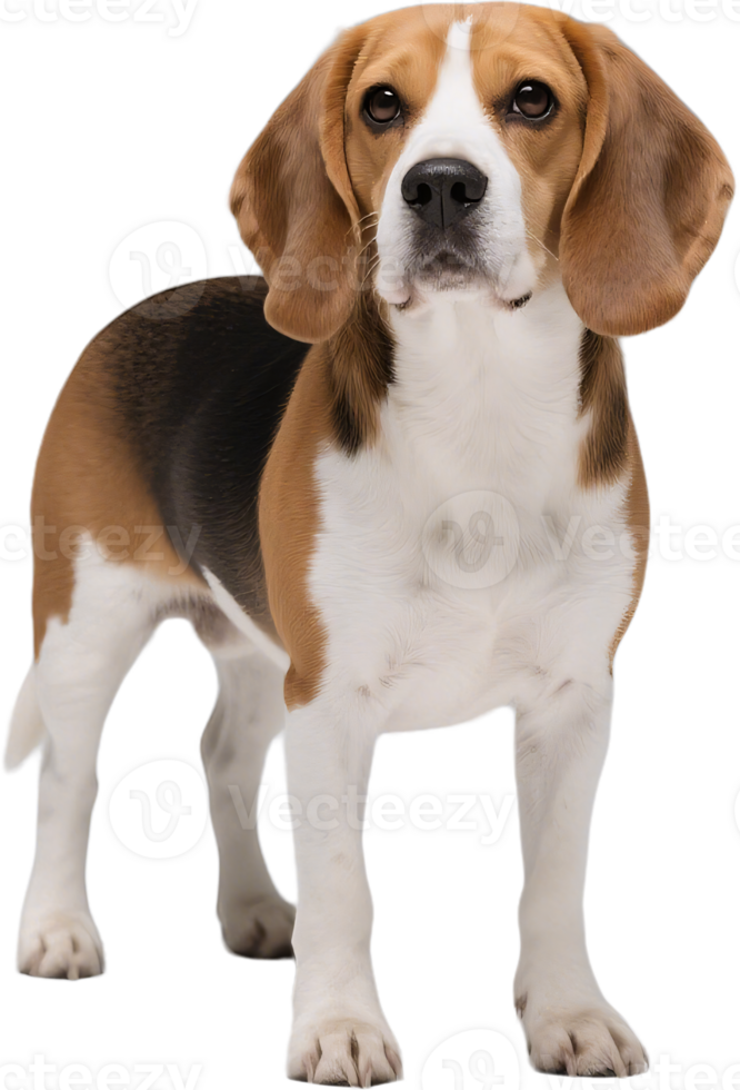 Beagle standing up and looking straight at the camera with alert eyes and perky ears png