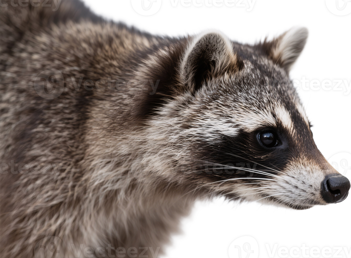 A close up of a raccoons face with piercing eyes and soft whiskers in a natural setting png