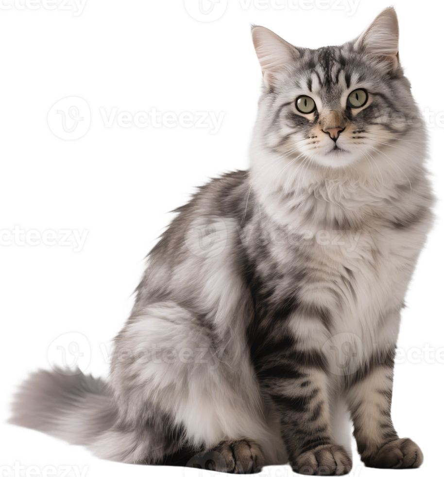 A white and gray Siberian cat standing with wide eyes and thick fur under soft light png