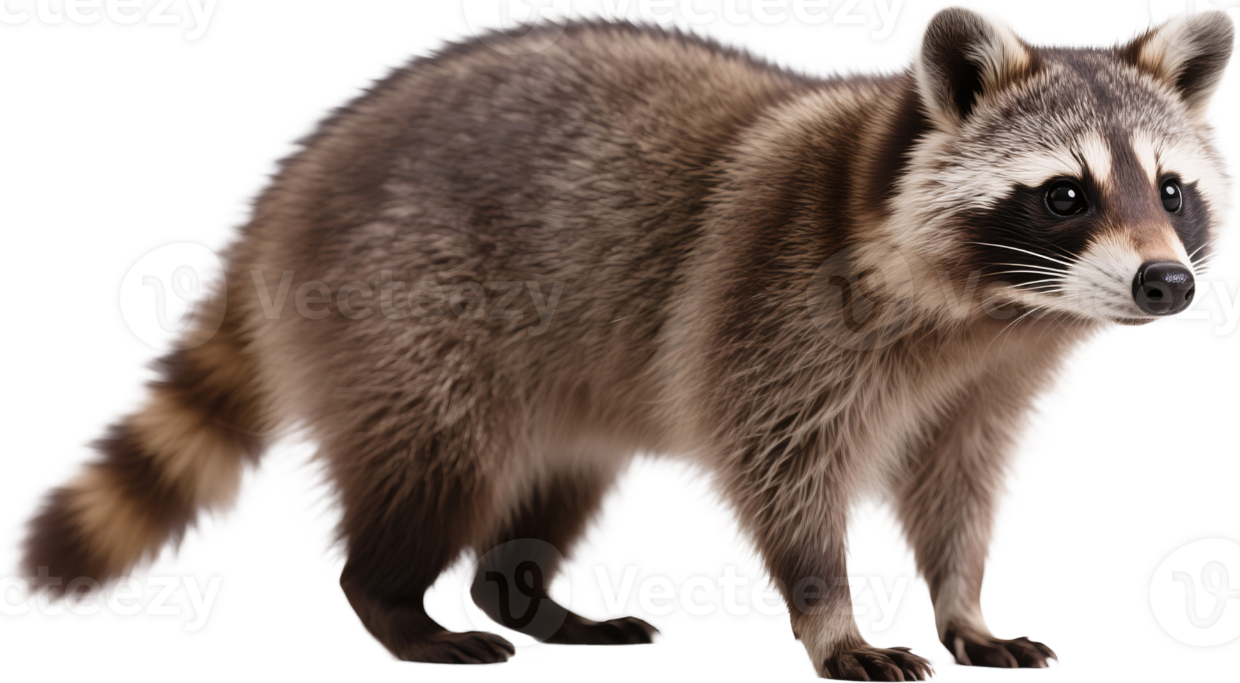 A raccoon in profile captured in a serene side view showcasing its striped tail and textured fur png