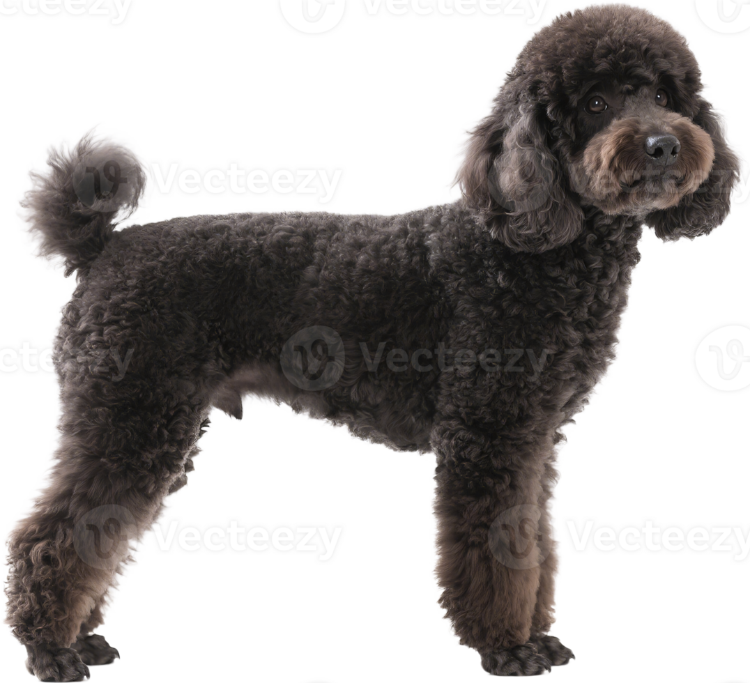Dark gray poodle standing with curly fur and direct gaze at the camera in an upright posture png