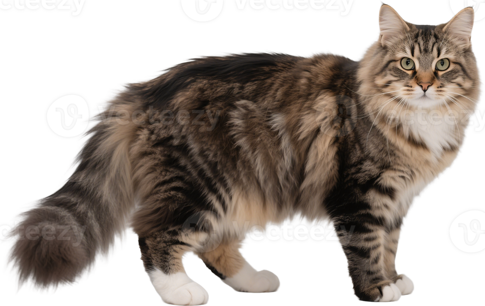 A Siberian cat with thick tail standing on all fours looking alert png