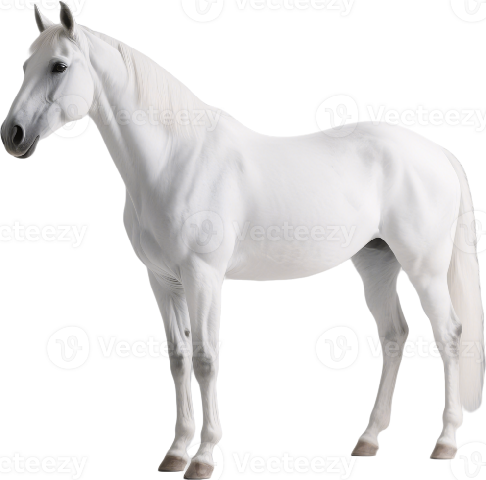 A majestic white horse side profile with flowing mane and strong neck under soft sunlight png