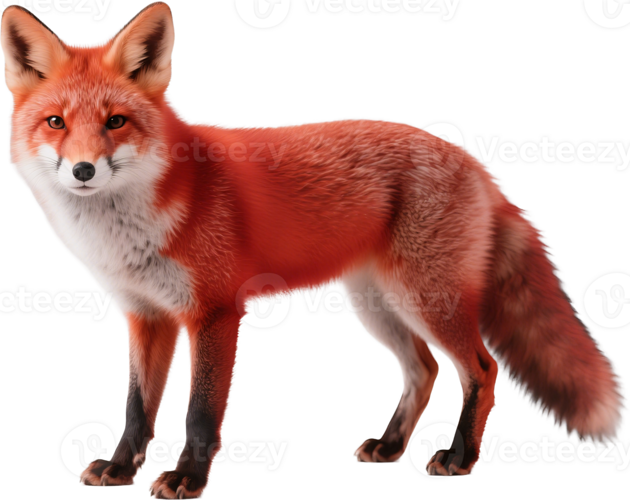 A red fox stands in side view glancing back with alert eyes and thick tail in a forest setting png