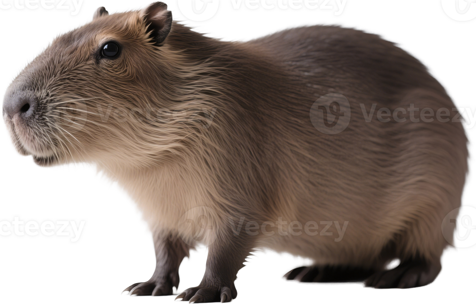 A small capybara in side profile standing gently showing its rounded body and furry texture png